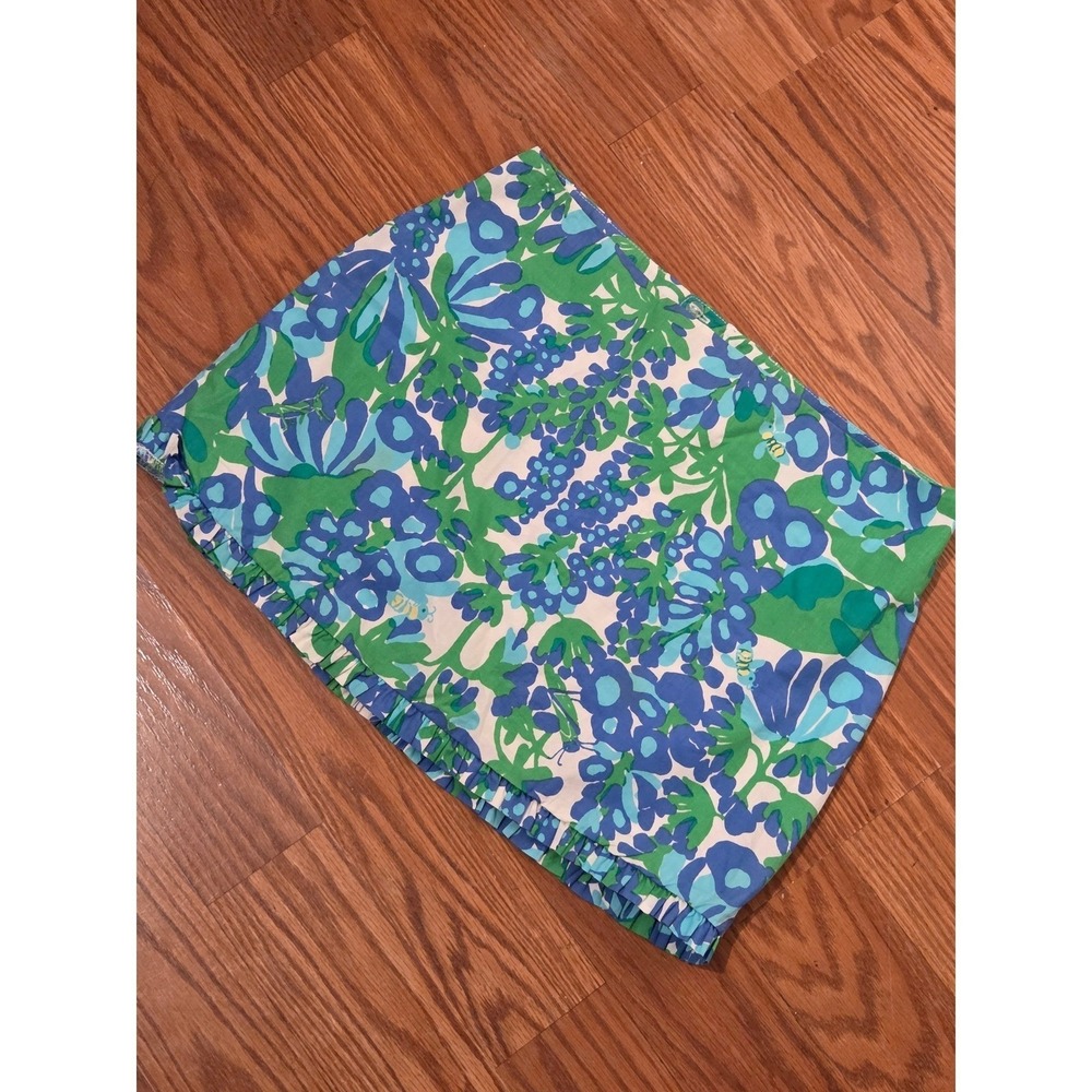 Lilly Pulitzer Blue Green Floral Bumblebee Ruffle Hem‎ Cotton Mini Skirt 00